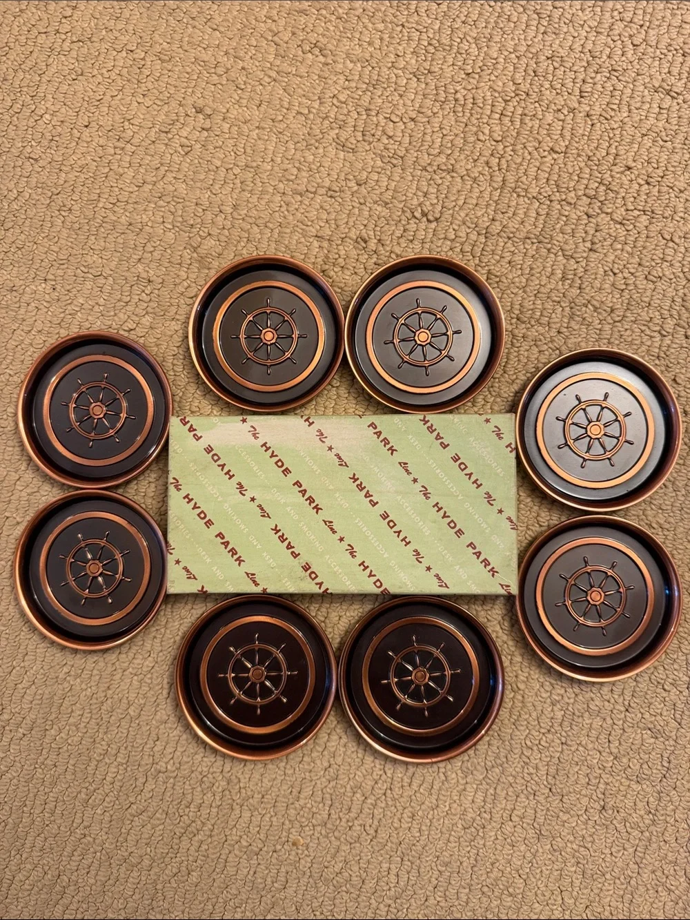 Vintage Hyde Park bronze & metal set of 6 nautical ship wheel coasters in box